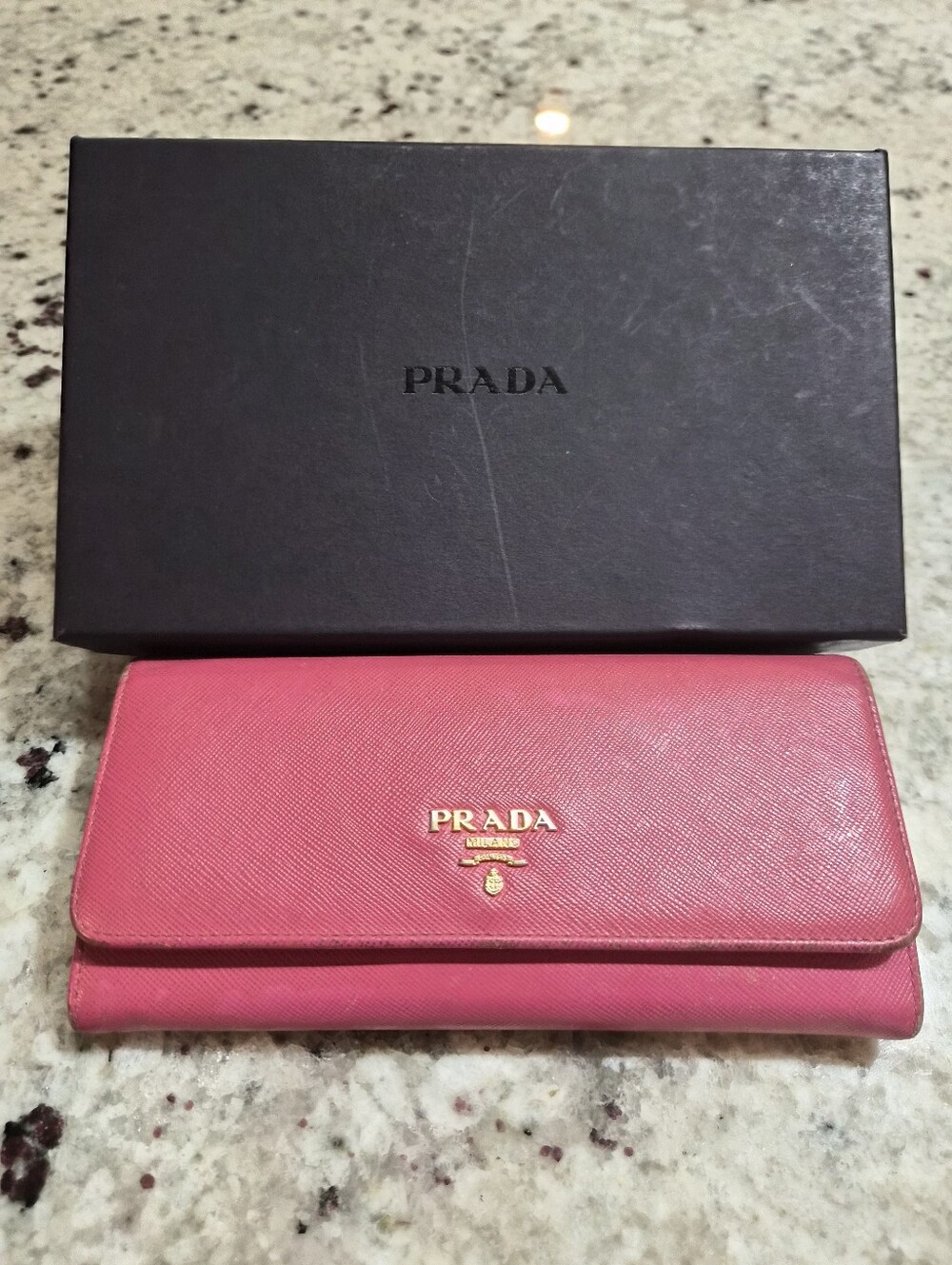 Prada Saffiano Multicolor Continental Flap Wallet Pink Gold Logo